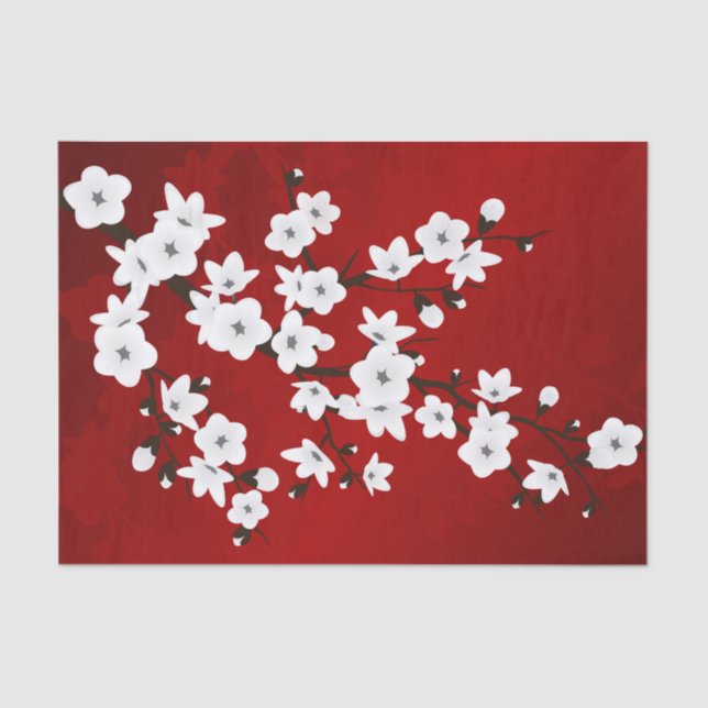 Floral Cherry Blossom Red White Tissue Paper (Front)