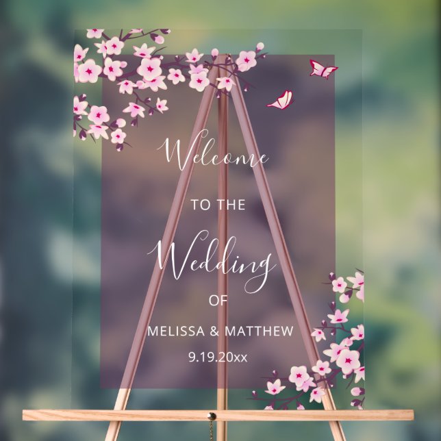 Floral Cherry Blossom Transparent Wedding Welcome Acrylic Sign (Neutral)