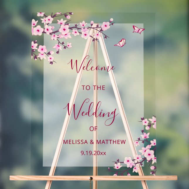 Floral Cherry Blossom Transparent Wedding Welcome Acrylic Sign (Neutral)