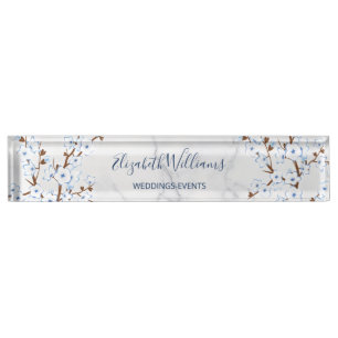 Floral Cherry Blossom White Blue Marble Nameplate
