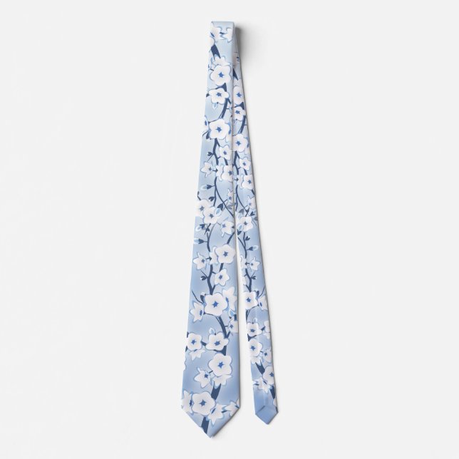 Floral Cherry Blossom White Blue Pattern Tie (Front)