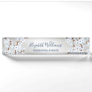 Floral Cherry Blossom White Blue Silver Nameplate