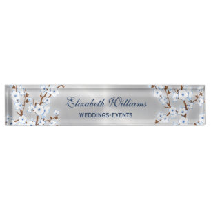 Floral Cherry Blossom White Blue Silver Nameplate