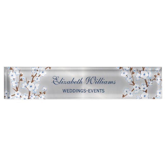 Floral Cherry Blossom White Blue Silver Nameplate (Front)