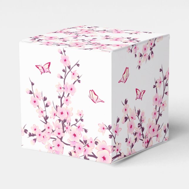 Floral Cherry Blossoms And Butterflies Pink White Favour Box (Front Side)