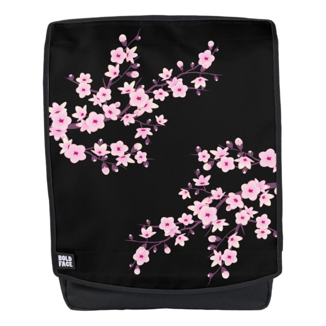 Floral Cherry Blossoms Black Pink Backpack (Front)