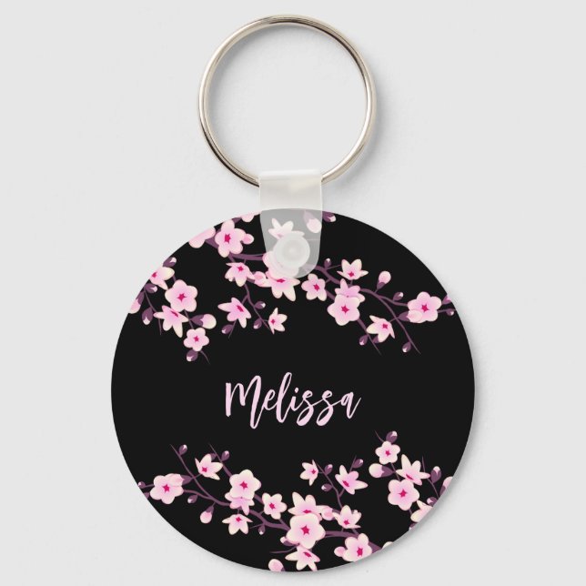 Floral Cherry Blossoms Black Pink Key Ring (Front)