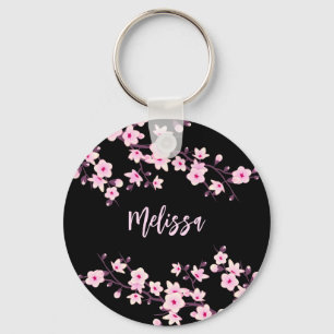 Floral Cherry Blossoms Black Pink Key Ring