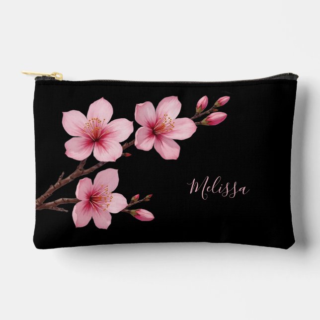 Floral Cherry Blossoms Black Pink | Your Name Accessory Pouch (Front)
