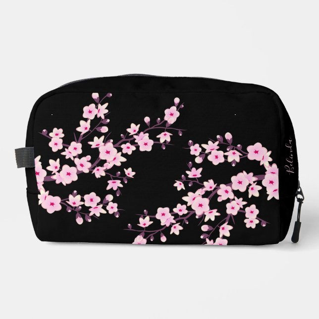 Floral Cherry Blossoms Black Pink | Your Name Dopp Kit (Front)