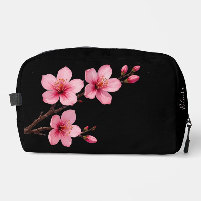 Floral Cherry Blossoms Black Pink | Your Name Dopp Kit (Front)