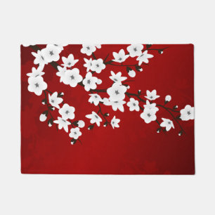 Floral Cherry Blossoms Black Red White Doormat