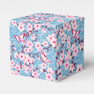 Floral Cherry Blossoms Blue Glitter Favour Box