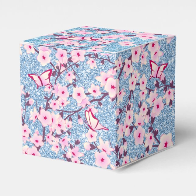 Floral Cherry Blossoms Blue Glitter Favour Box (Front Side)