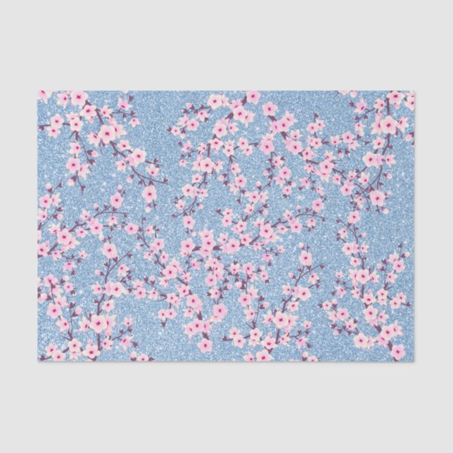 Floral Cherry Blossoms Blue Glitter Tissue Paper (Front)