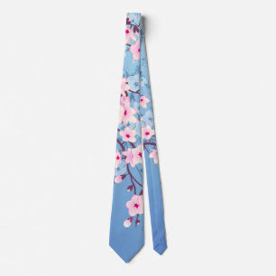 Floral Cherry Blossoms Blue Pink Tie