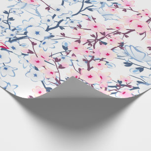 Floral Cherry Blossoms  Blue Pink Wrapping Paper