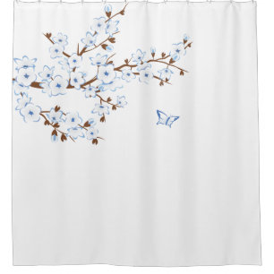 Floral Cherry Blossoms Blue White Classic Shower Curtain