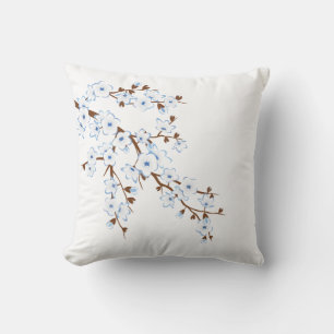 Floral Cherry Blossoms Blue White Cushion