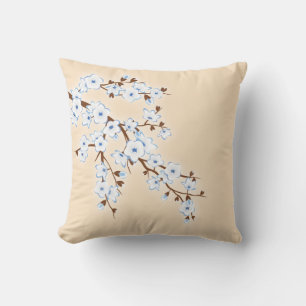 Floral Cherry Blossoms Blue White Cushion
