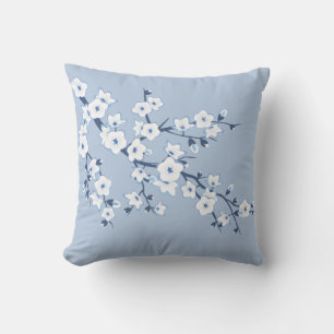 Floral Cherry Blossoms Blue White Cushion