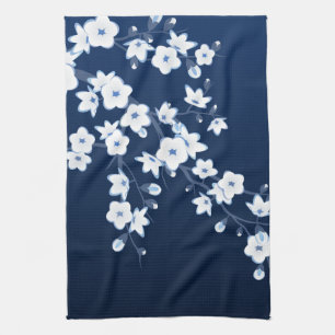 Floral Cherry Blossoms Blue White Tea Towel