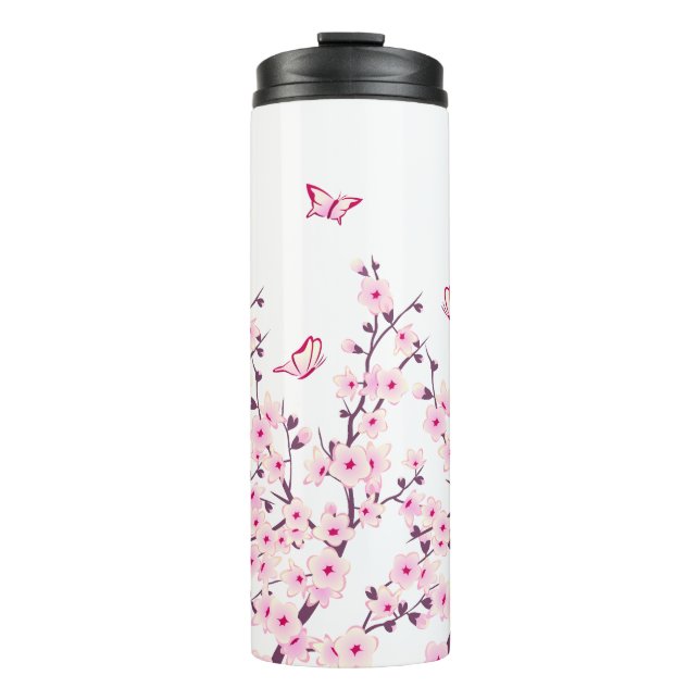 Floral Cherry Blossoms Butterflies Pink White Thermal Tumbler (Front)