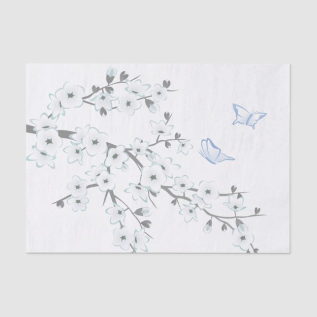 Floral Cherry Blossoms  Butterflies White Tissue Paper (Front)