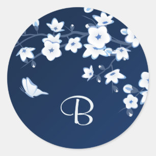 Floral Cherry Blossoms Dark Blue White Monogram Classic Round Sticker
