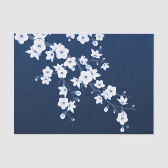 Floral Cherry Blossoms Dark Blue White Tissue Paper (Front)
