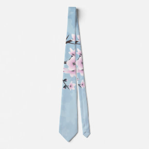 Floral Cherry Blossoms Dusky Pink Pale Blue Tie