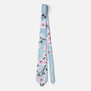 Floral Cherry Blossoms Dusky Pink Pale Blue Tie