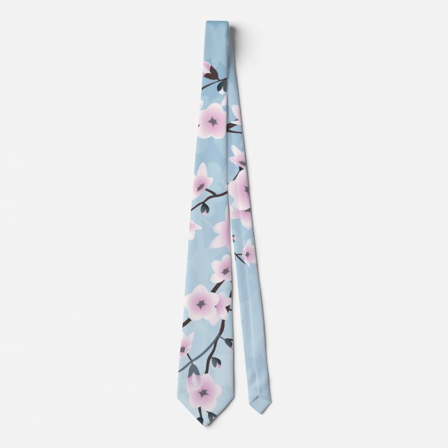 Floral Cherry Blossoms Dusky Pink Pale Blue Tie (Front)