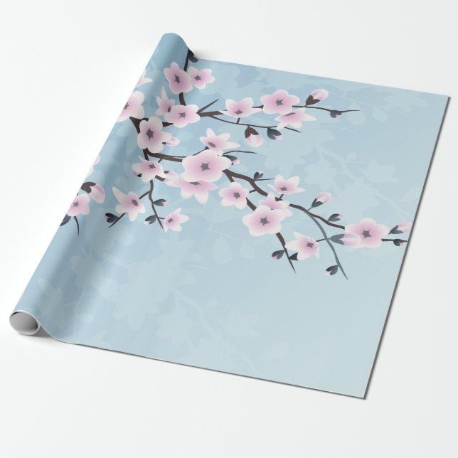 Floral Cherry Blossoms Dusty Pink Pale Blue Wrapping Paper (Unrolled)