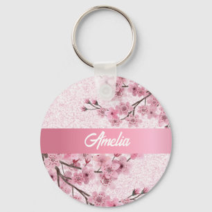 Floral Cherry Blossoms Faux Pastel Pink Glitter Key Ring