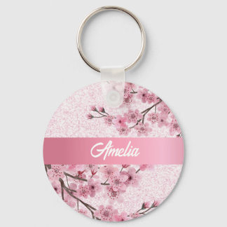 Floral Cherry Blossoms Faux Pastel Pink Glitter Key Ring