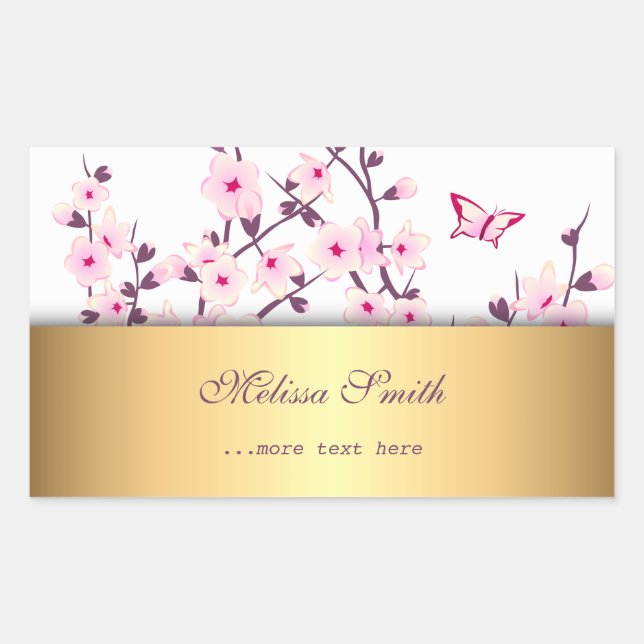 Floral Cherry Blossoms Gold Rectangular Sticker (Front)
