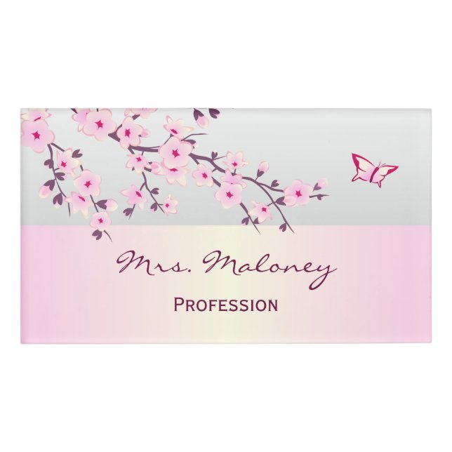 Floral Cherry Blossoms Grey Pink Name Tag (Front)