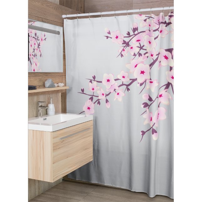Floral Cherry Blossoms Grey Pink Shower Curtain (Creator Uploaded)