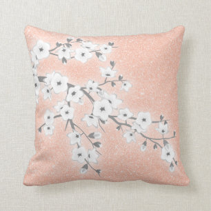 Floral Cherry Blossoms Grey Rose Gold Cushion