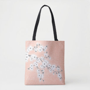 Floral Cherry Blossoms Grey Rose Gold Tote Bag