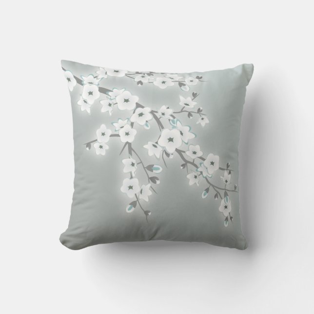 Floral Cherry Blossoms Khaki White Cushion (Front)
