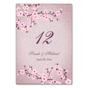 Floral Cherry Blossoms Mauve Glitter Wedding Table Number