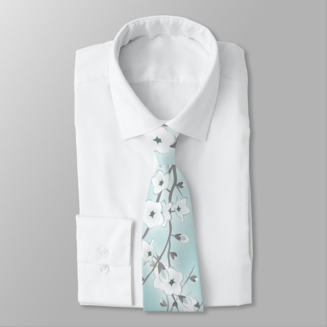Floral Cherry Blossoms Mint White Tie (Tied)