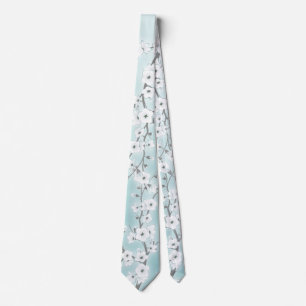 Floral Cherry Blossoms Mint White Tie