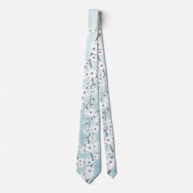 Floral Cherry Blossoms Mint White Tie (Front)