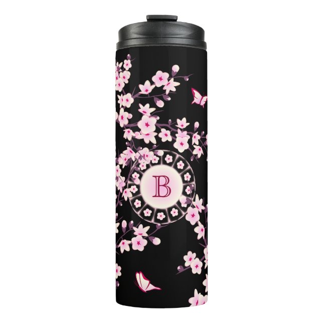 Floral Cherry Blossoms Monogram Black Pink Thermal Tumbler (Front)
