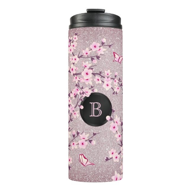 Floral Cherry Blossoms Monogram Mauve Glitter Thermal Tumbler (Front)