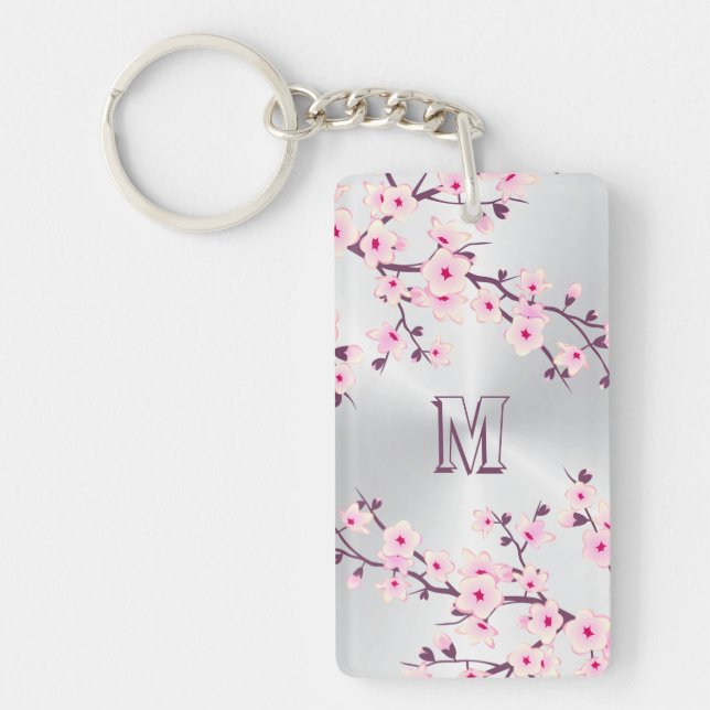 Floral Cherry Blossoms Monogram Pink Silver Key Ring (Front)