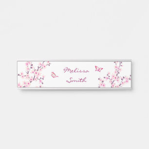 Floral Cherry Blossoms Monogram Pink White Door Sign